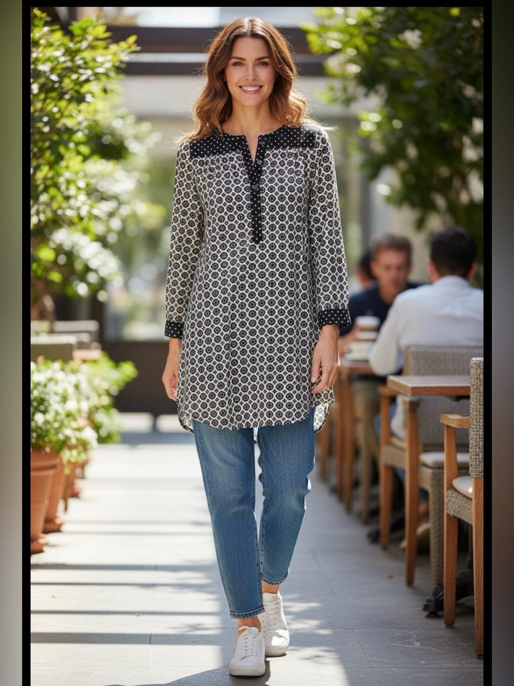 Ann Taylor Loft Women's XXSP Tunic Top 1/4 Button Long Sleeve Geometric‎ Print
